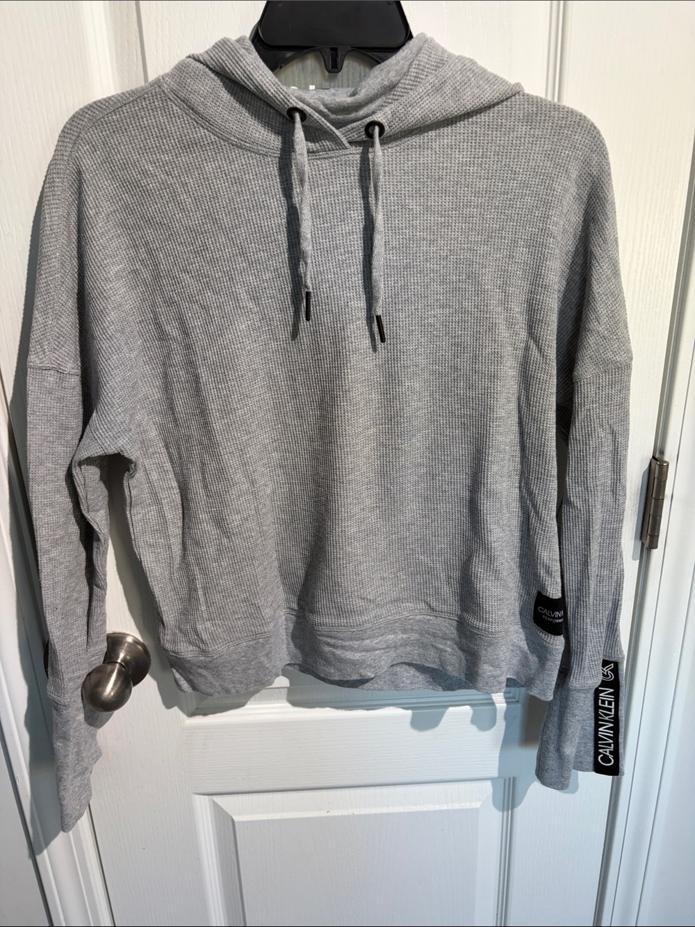 Calvin Klein Light Gray Waffle-Knit athletic Hooded long sleeve top